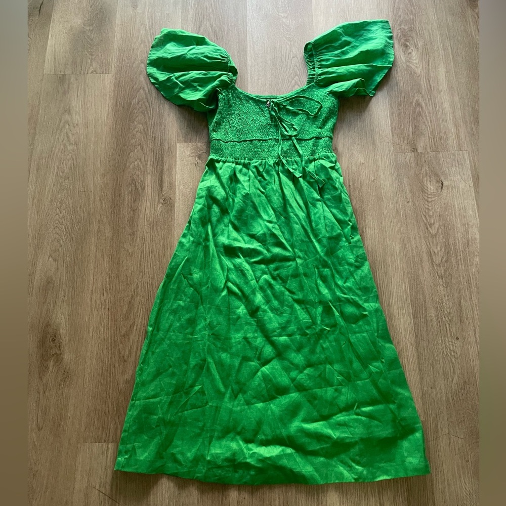 lusana eddie jade green shirred flare short sleeve midi linen dress size small
